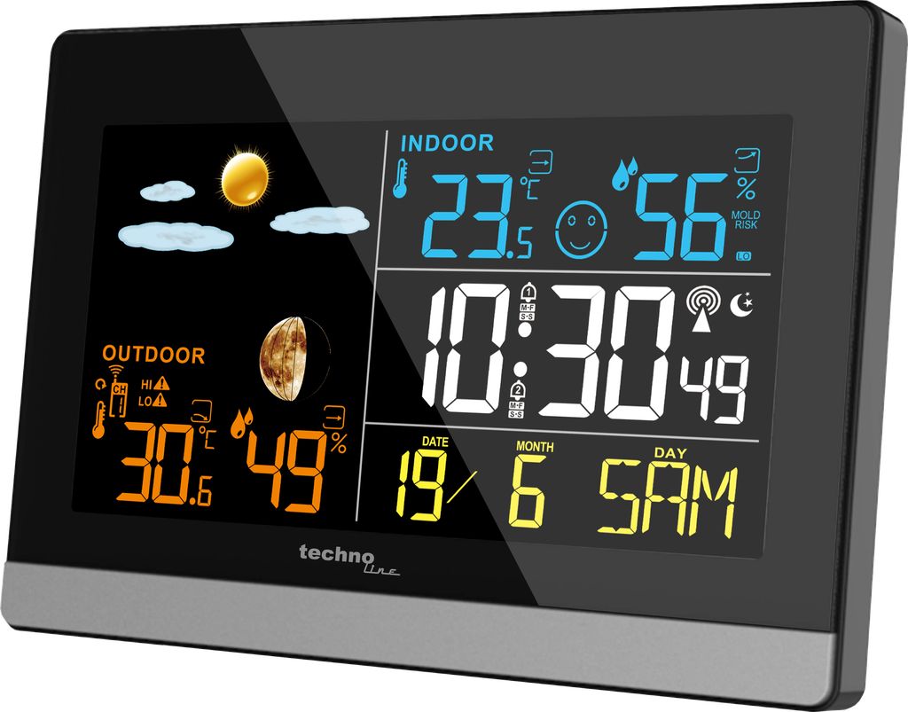 WS6455 Wetterstation mit Außensensor, DCF-77 Funkuhr, Wettervorhersage, Innen- & Außentemperatur, Luftfeuchtigkeit, Mondphase, MIN/MAX, Frostalarm, 2 Wecker, farbiges LCD