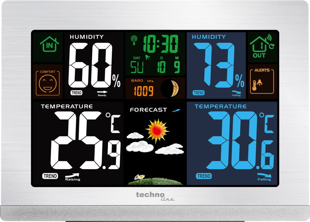 WS6462 Funkwetterstation mit Außensensor, Farbdisplay, DCF-Funkuhr, Wettervorhersage, Innen- & Außentemperatur, Luftfeuchtigkeit, Luftdruck, Mondphase, Wecker, silber