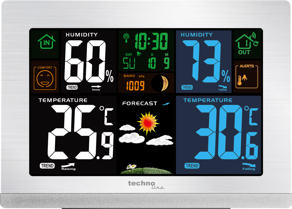 WS6462 Funkwetterstation mit Außensensor, Farbdisplay, DCF-Funkuhr, Wettervorhersage, Innen- & Außentemperatur, Luftfeuchtigkeit, Luftdruck, Mondphase, Wecker, silber