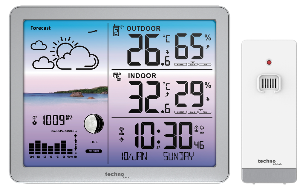 WS6520 Wetterstation Funk mit Außensensor, Farbdisplay, DCF-Funkuhr, Innen-/Außentemperatur & Luftfeuchtigkeit, Wettervorhersage, Luftdruck, Mondphase, Frostalarm