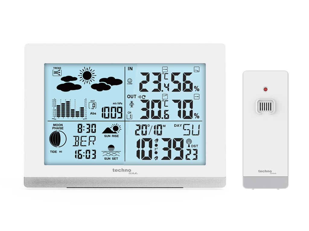 WS6762 Funk-Wetterstation mit Außensensor – DCF Funkuhr, Innen- & Außentemperatur, Luftfeuchtigkeit, Wettertrend, Mondphase, großes LCD Display, Wecker mit Datum & Uhrzeit