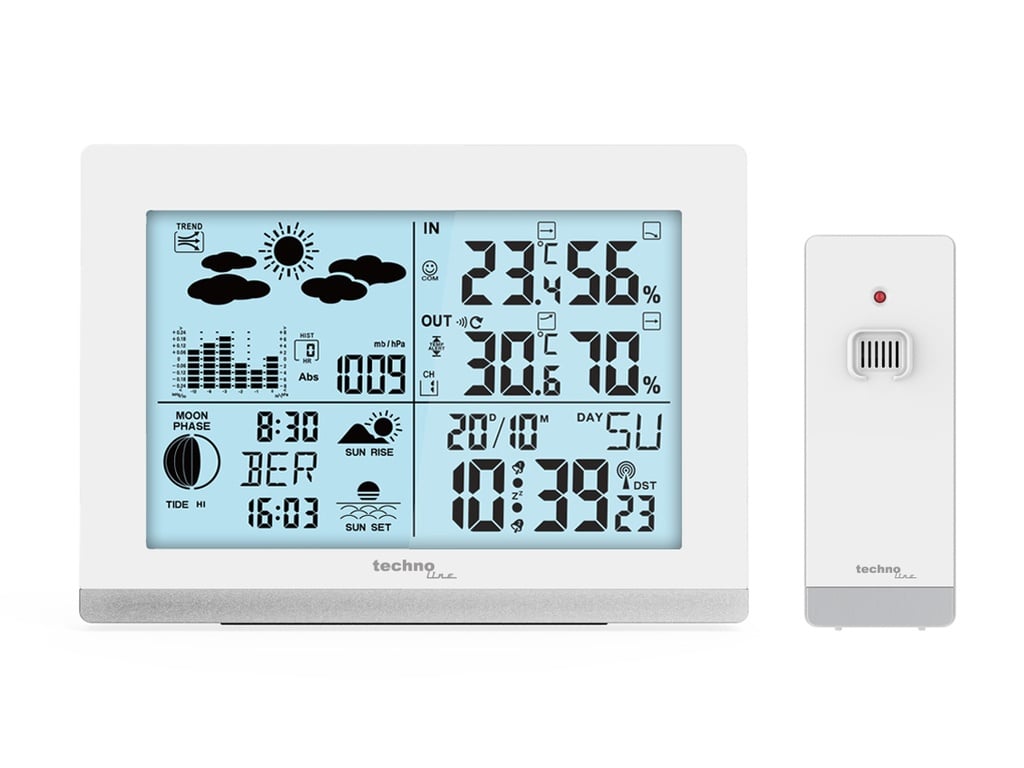 WS6762 Funk-Wetterstation mit Außensensor – DCF Funkuhr, Innen- & Außentemperatur, Luftfeuchtigkeit, Wettertrend, Mondphase, großes LCD Display, Wecker mit Datum & Uhrzeit