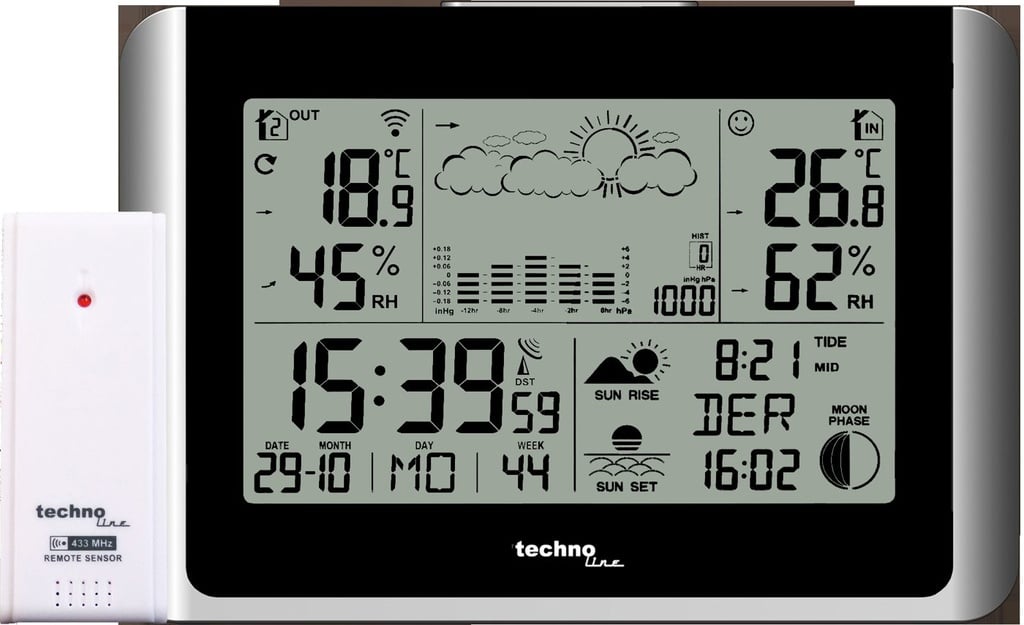 WS6767 Funk-Wetterstation mit Außensensor mit DCF77 Funkuhr, Wettervorhersage, Luftdruck-Historie, Innen-/Außentemperatur & Luftfeuchtigkeit, Mondphase, Sonnenauf- und Sonnenuntergang, Frostalarm