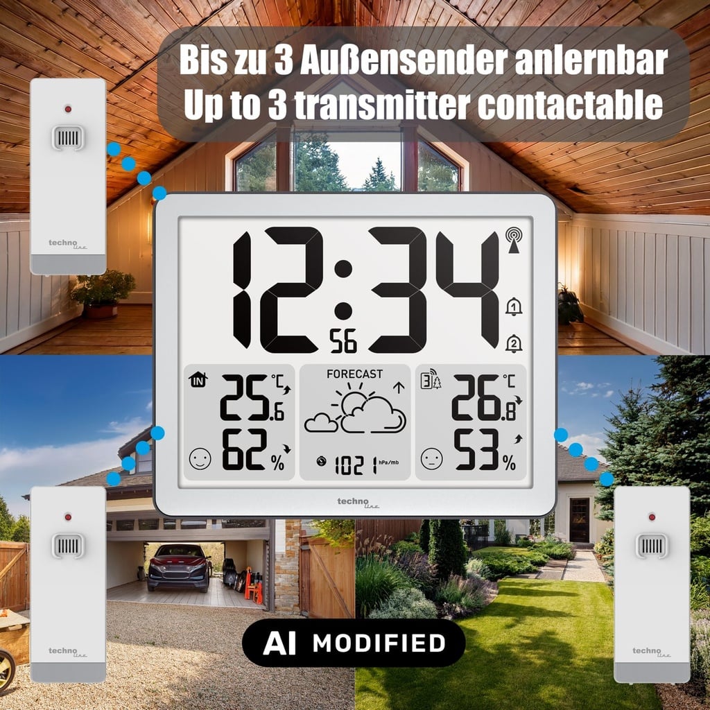 WS6780 Funkwetterstation mit Außensensor, DCF Funkuhr, Wettervorhersage, Temperatur & Luftfeuchtigkeit innen/außen, Luftdruckanzeige, 2 Alarme, Hintergrundbeleuchtung