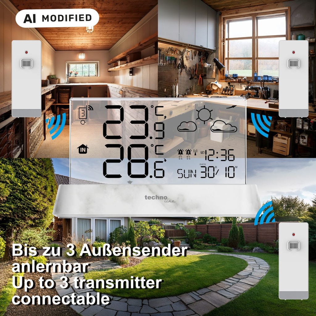 WS6782 – Die elegante Funk-Wetterstation mit transparentem Display, Innentemperatur und Außentemperatur, sowie und präziser Wettervorhersage Uhrzeit