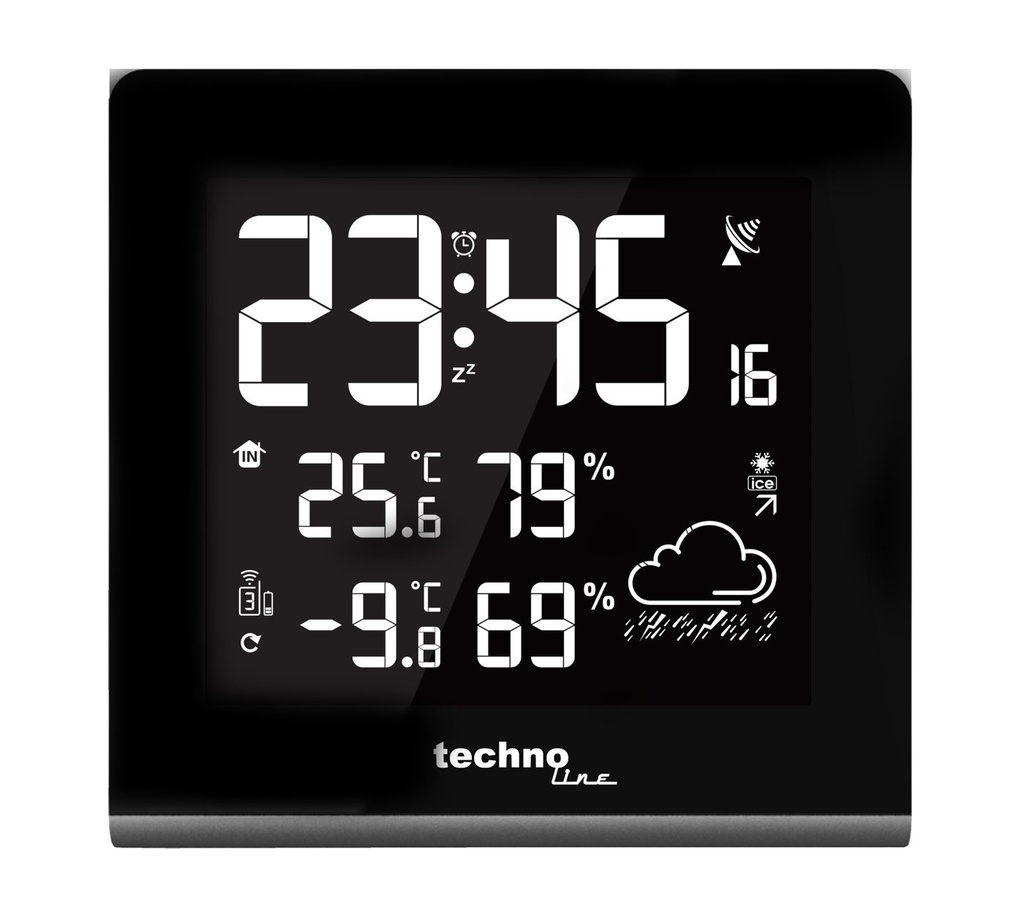 WS9065 Wetterstation mit Funkuhr, Innen- u. Außentemperatur, Luftfeuchte, Wettervorhersage, Außensender, LED Farbdisplay, Netzteil, unterschiedliche Farbmodi und USB-Ladefunktion