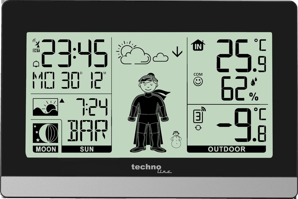 WS9612 Wetterstation Funk mit Außensensor, Funkuhr DCF, Innen Außentemperatur, Luftfeuchtigkeit, Wettervorhersage, Sonnenaufgang und Sonnenuntergang, Mondphase, schwarz