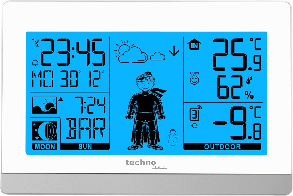 WS9612 Wetterstation Funk mit Außensensor, Funkuhr DCF, Innen Außentemperatur, Luftfeuchtigkeit, Wettervorhersage, Sonnenaufgang und Sonnenuntergang, Mondphase, weiß
