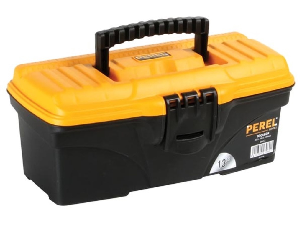 Werkzeugkasten 7,1 Liter, kompakte Aufbewahrungsbox für Werkzeug mit herausnehmbarer Schale, Kunststoffverschluss, klappbarer Griff, schwarz orange 32 x 16,5