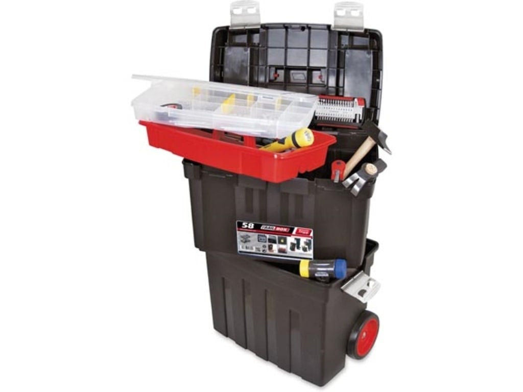 Rollbarer Werkzeugkasten 85,8 l mit herausnehmbarer Ablage und Organizer-Box, Teleskopgriff, Metallverschlüssen und Rädern, großer mobiler Werkzeugkoffer