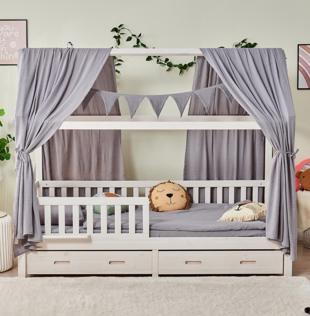 Alavya Home Hausbett CLOUD 90 x 200 cm Komplett-Set – Schublade 90 x 200 cm + Musselin Dekoset Grau + Kindermatratze COZY 90 x 200 cm (Kaltschaum)