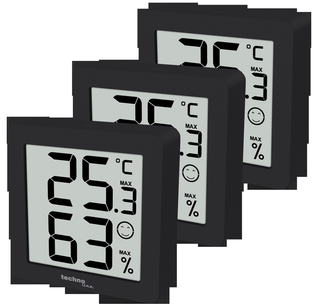 WS9425 Thermo-Hygrometer 3er Set schwarz – Digitales Thermometer & Hygrometer für Innenräume, Temperatur- und Luftfeuchtigkeitsmesser, MIN/MAX, Komfortanzeige, Magnet & Wandhalterung