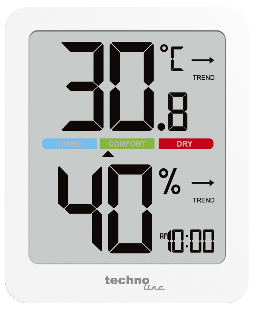 WS9456 Thermo-Hygrometer mit Uhrzeit, Innenthermometer & Hygrometer, Raumklima-Monitor, Komfortanzeige, Min/Max-Speicher, Trendanzeige, Hintergrundbeleuchtung über Berührungs-Sensor, weiß