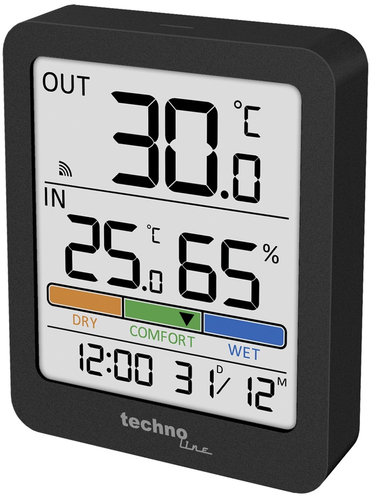 WS9488 Funk-Thermo-Hygrometer mit Außensensor, Innen- & Außentemperatur, Luftfeuchtigkeit, Komfortanzeige, Max/Min-Speicher, Uhr, Datum, Hintergrundbeleuchtung