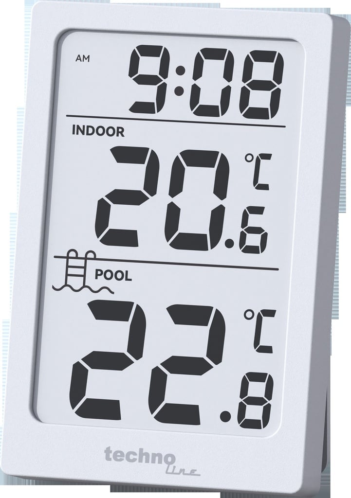 WS9079 Poolthermometer Funk mit Basisstation – Digitales Wasserthermometer für Pool & Whirlpool, kabelloser Poolsensor bis 30 m, Innen- & Wassertemperatur, MAX/MIN, °C/°F, Uhr