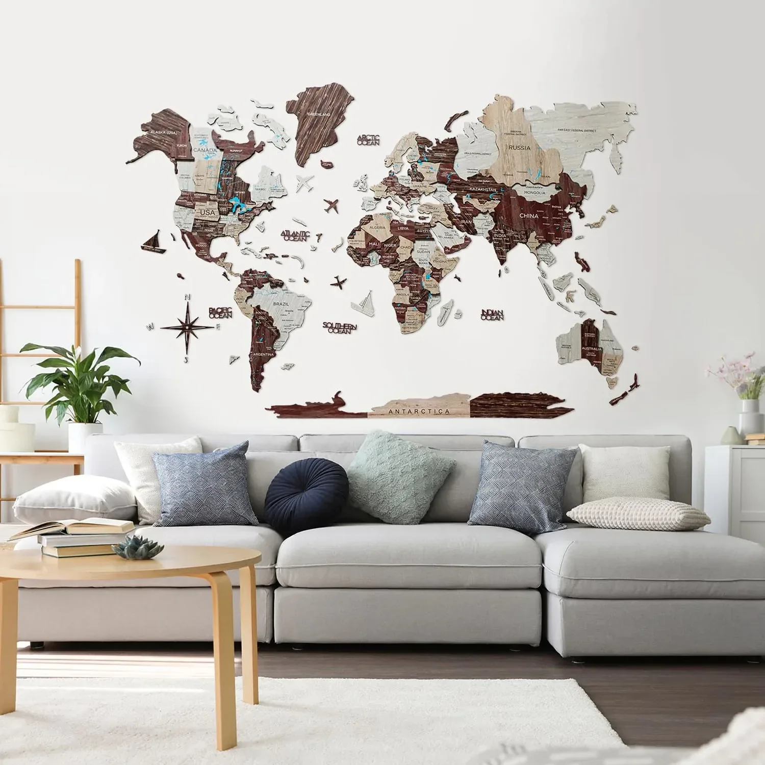 Weltkarte Holz, Landkarte Welt, Weltkarte Wanddeko 3D - Enjoy The Wood, Cappuccino Prime, Weltkarte Größe: XL