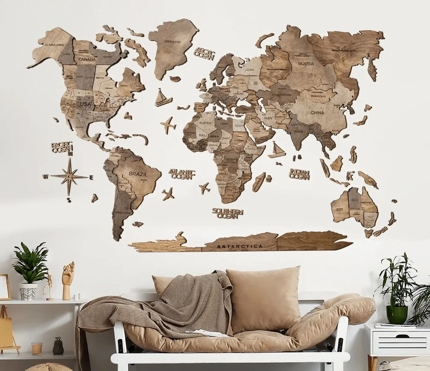 Weltkarte holz, Landkarte Welt, Weltkarte Wanddeko 3D - Enjoy The Wood, Terra Prime, Weltkarte Größe: M
