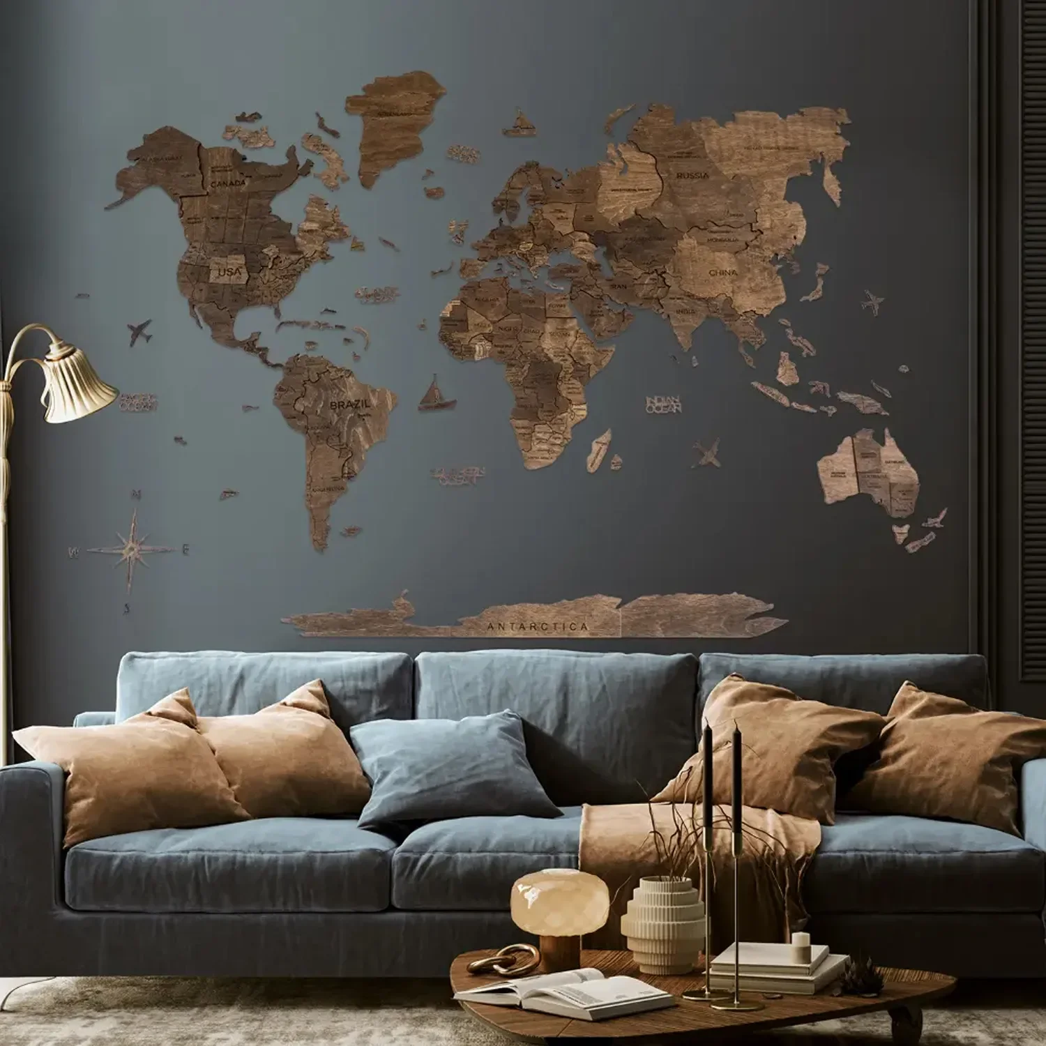 Weltkarte holz, Landkarte welt, Weltkarte wanddeko 3D - Enjoy The Wood, Walnuss dunkel Prime, Weltkarte Größe: XL