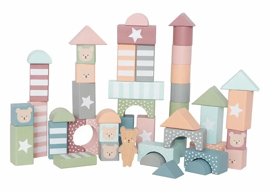 Jabadabado Kinderspielzeug, Bauklötze, Bausteine Spielzeug - Set Teddy, Farbe: Rosa. Grün. Blau