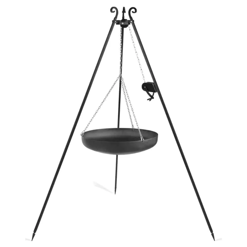 Wok Outdoor, Dreibein Kochstelle, Stahl Wok 60cm, mit Kurbel