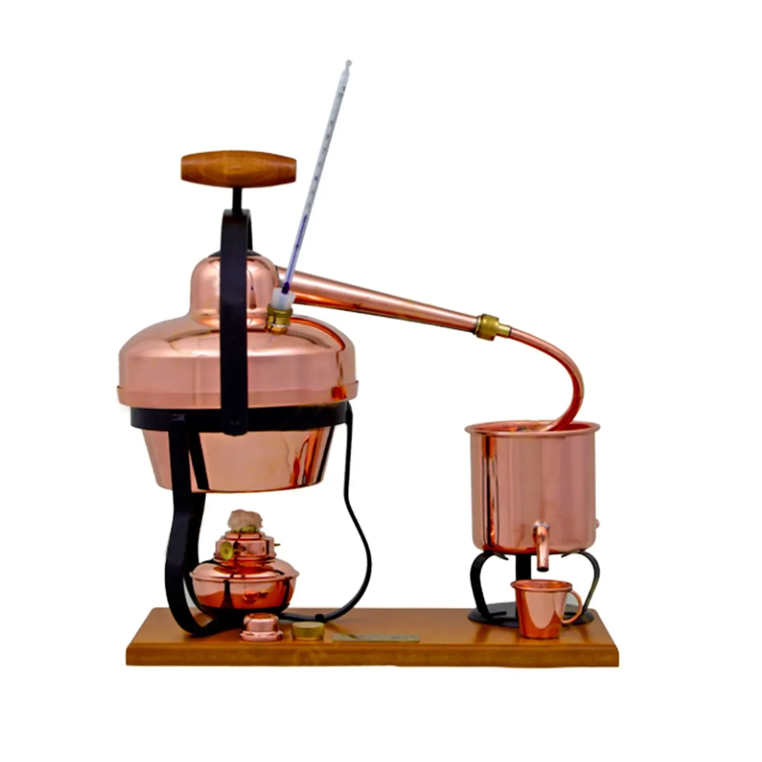 Destille, Destilliergerät, Destillationsapparatur - mit Spiritusbrenner und Thermometer, 1,25L