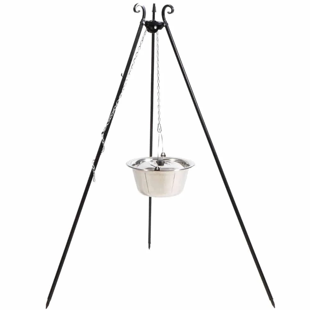 Dreibein Grill mit Edelstahltopf 14l, 180 cm, Outdoor Kochset