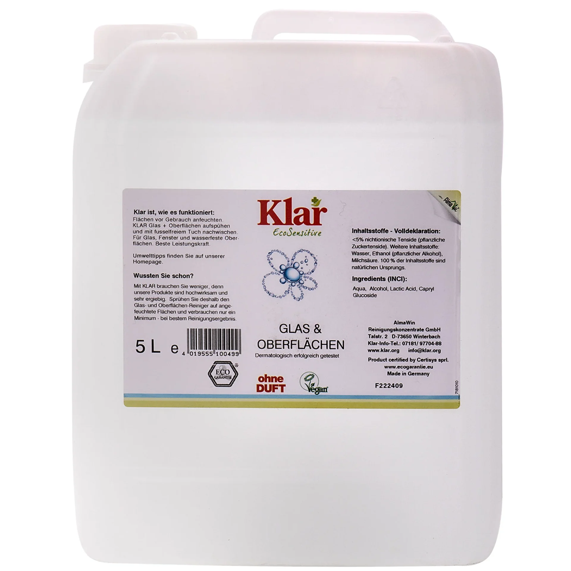 KLAR Glas- und Oberflächenreiniger 5 Liter ohne Duft