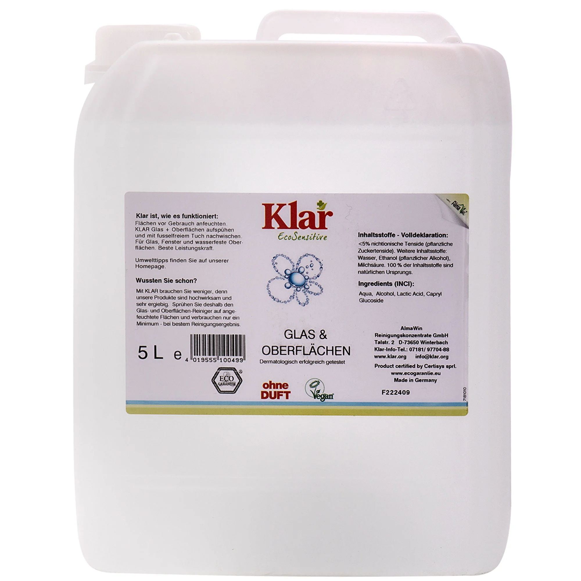 KLAR Glas- und Oberflächenreiniger 5 Liter ohne Duft