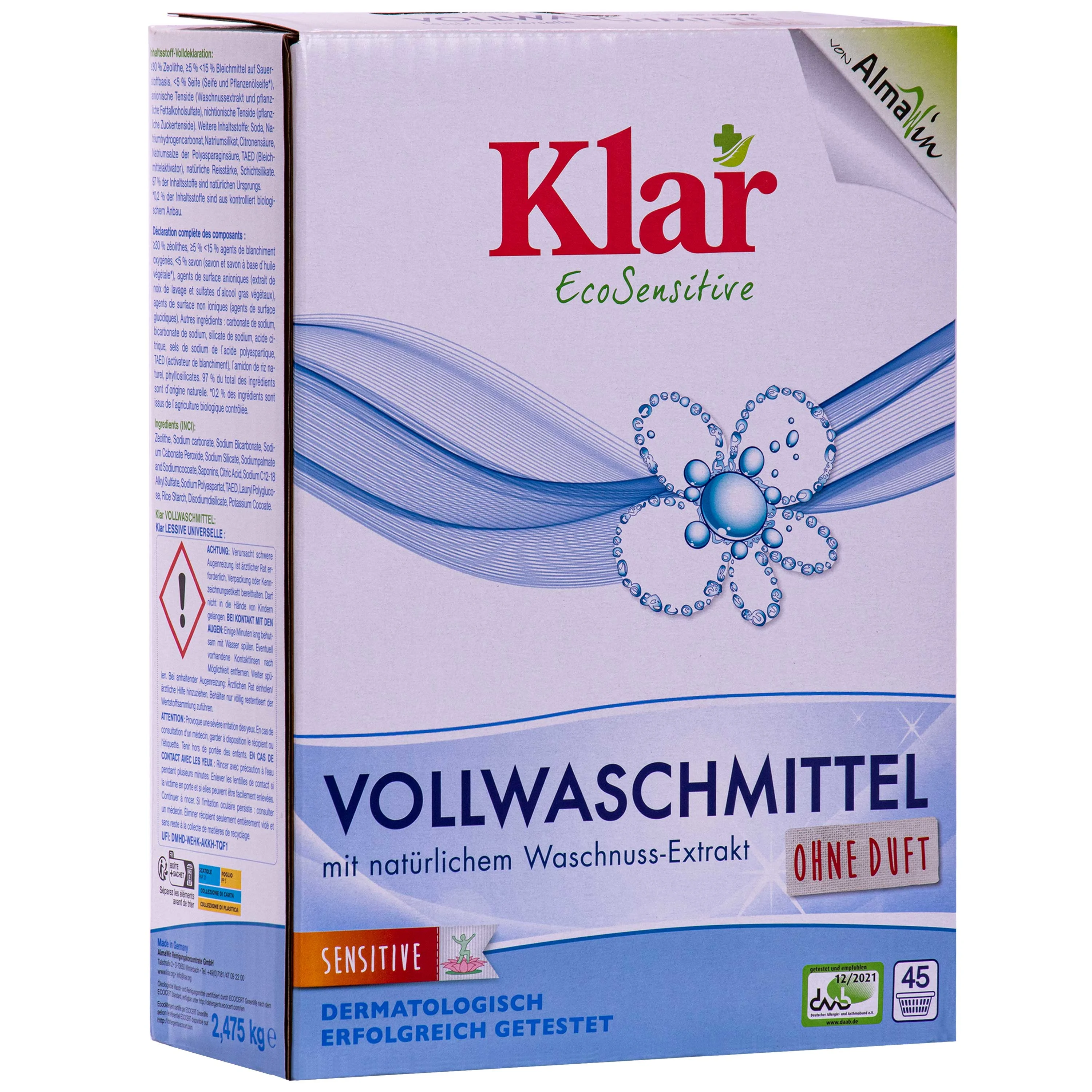 KLAR Vollwaschmittel Pulver 2,475kg mit natürlichem Waschnuss-Extrakt