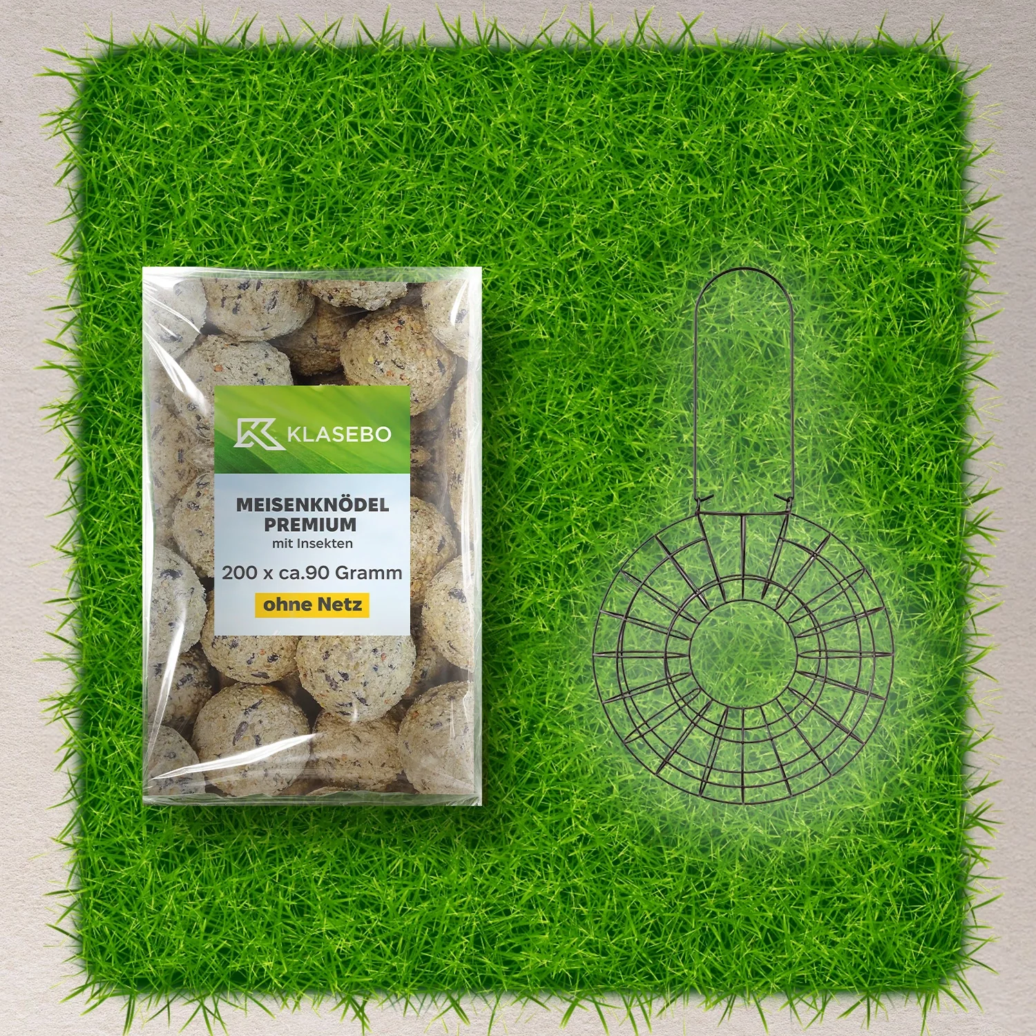 Meisenknödel Set: 200 Stk.  90g mit Insekten & Mehlwürmern + Robuster Metall-Futterspender