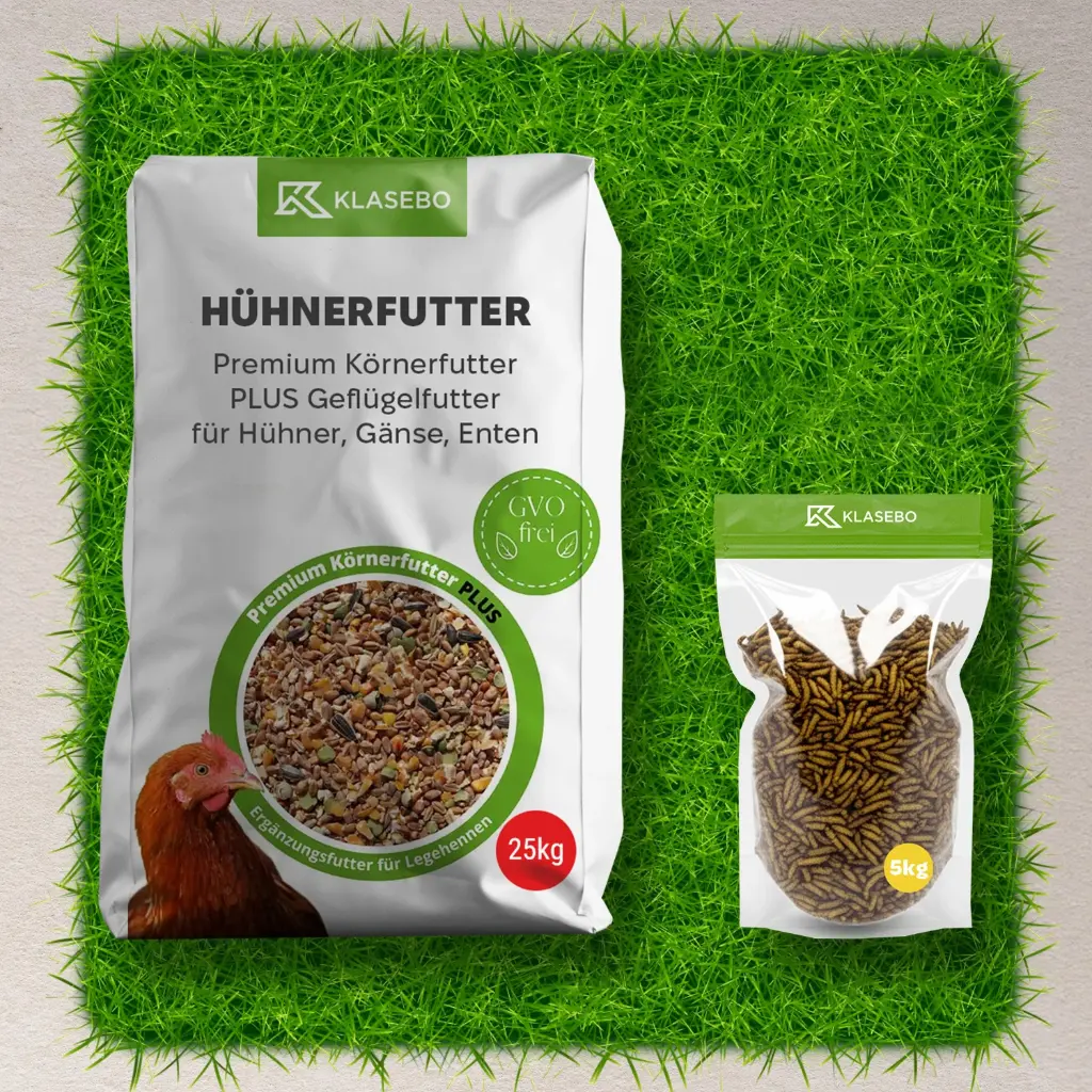 Set Hühnerfutter mit Insekten 30kg - Premium Geflügelfutter 25kg, Getrocknete Schwarzkopfmaden 5kg