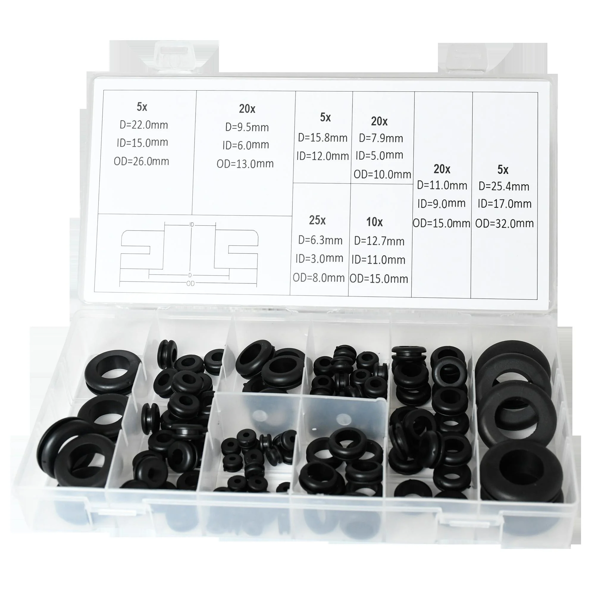 Gummi Durchgangstüllen Set, 110 teilig