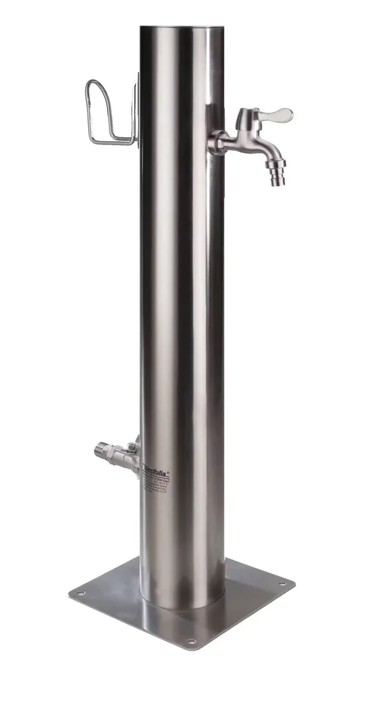 Wasserzapfsäule, inklusive Schlauchhalter + 2 Auslaufhähne, Edelstahl