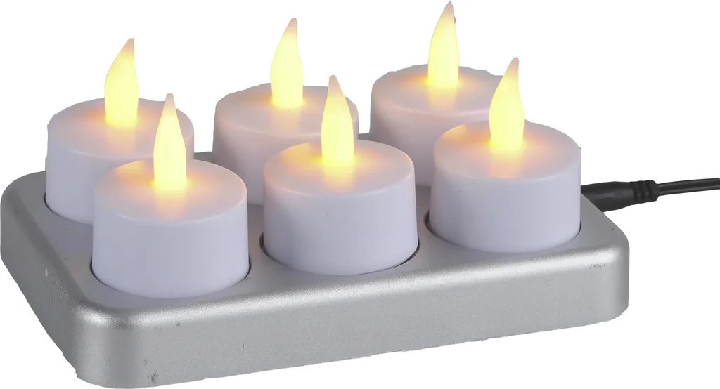 LED Teelicht Set - 6 Stück, mit Ladestation, weiß