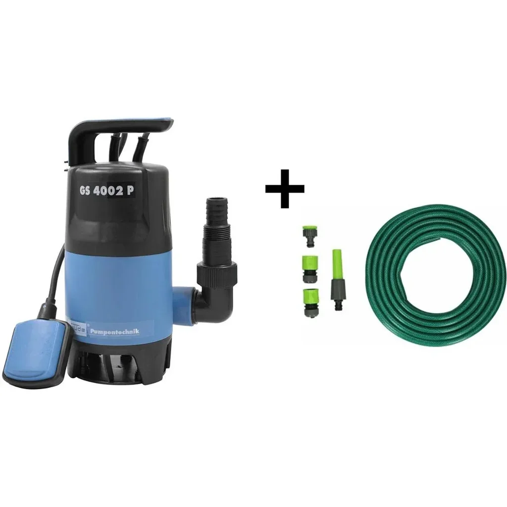 Schmutzwasser-Tauchpumpen-Set inklusive 15 Meter Gartenschlauch mit Düse und Anschlüssen
