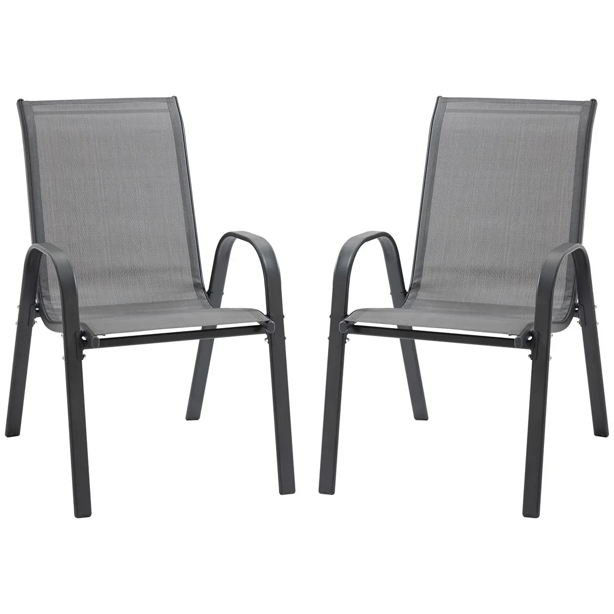 2er Set Gartenstuhl Stapelstuhl mit Armlehne Essstühle Garten Metall Mesh-Gewebe Grau 70 x 54 x 90 cm
