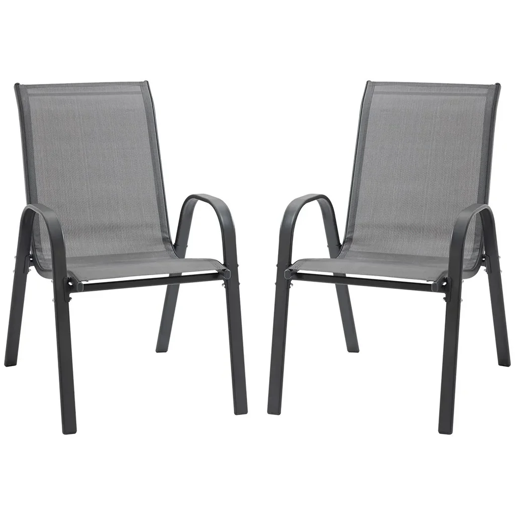 2er Set Gartenstuhl Stapelstuhl mit Armlehne Essstühle Garten Metall Mesh-Gewebe Grau 70 x 54 x 90 cm