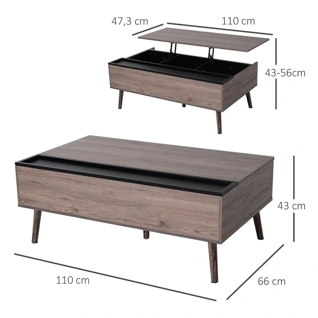 Couchtisch Wohnzimmertisch Kaffeetisch mit Höhenverstellbarer Platte Sofatisch Spanplatte Grau 110 x 66 x 43-56 cm