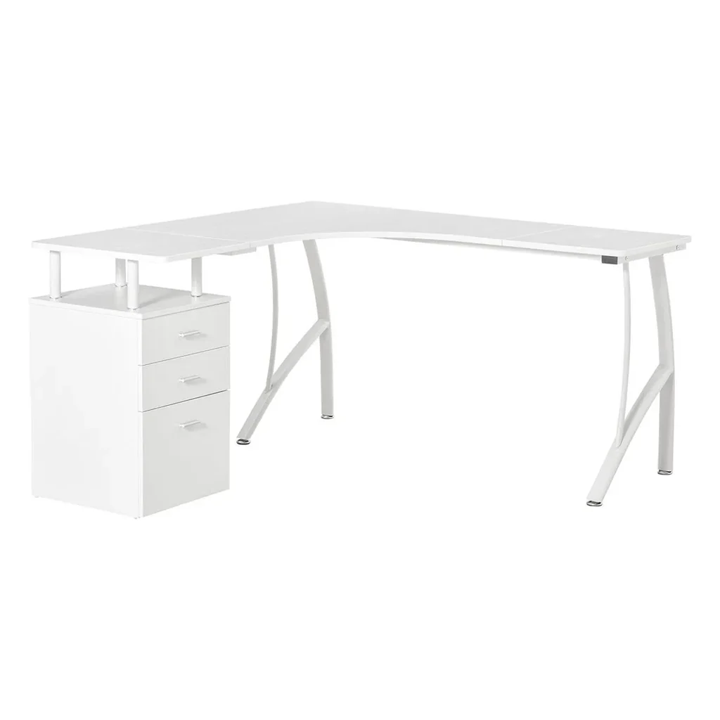 L-förmiger Schreibtisch mit Schubladen aus der Material MDF Metall Home-Office-Ecke Arbeitsplatz Industriestil, Weiß 143