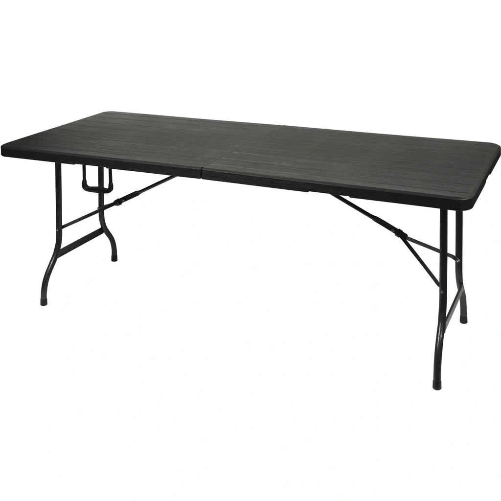 Klapptisch, Buffet-Tisch, Campingtisch, Picknicktisch, schwarze Holzoptik, klappbar tragbar mit Griff, HDPE-Platte und Stahlgestell 180 x 75 x 72 cm, für Innen- und Außenbereich