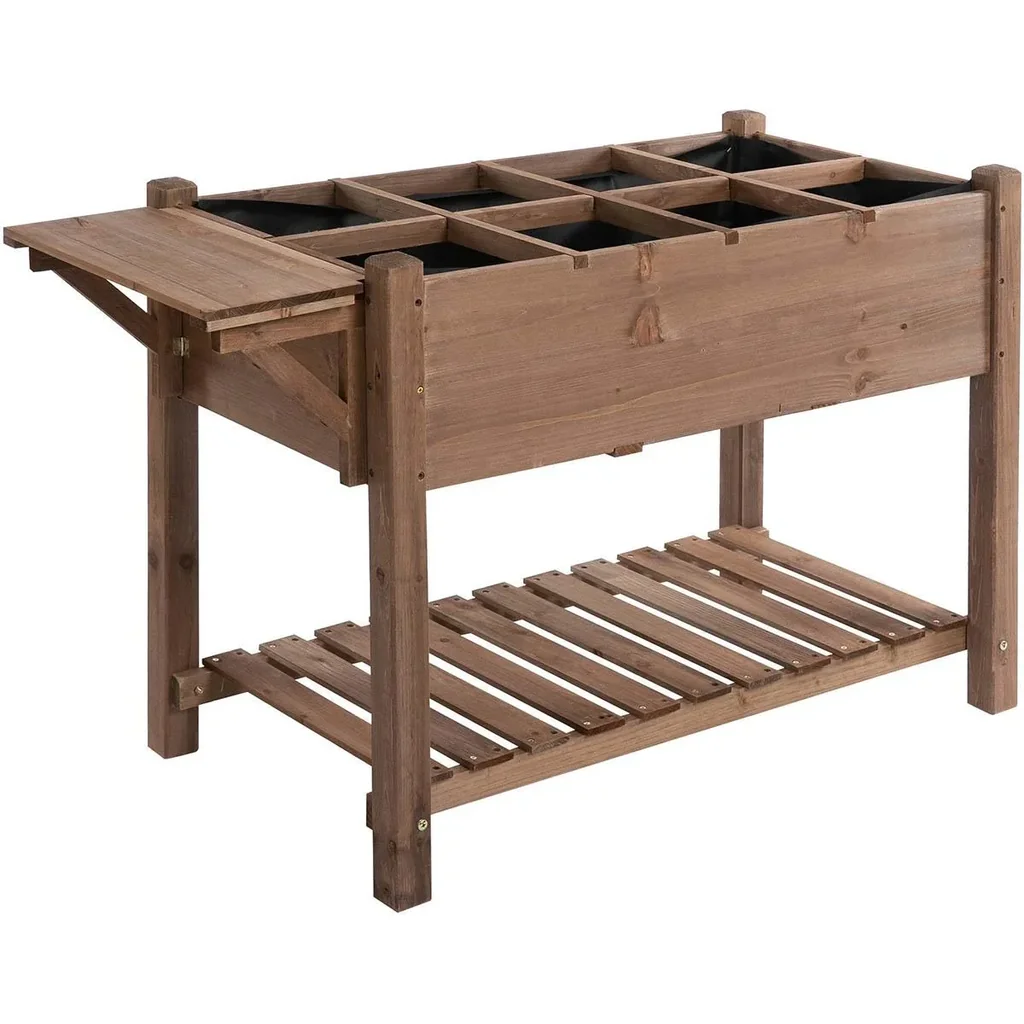 Hochbeet Pflanzkasten mit 8 geteilten Gittern faltbare Ablage Blumenkasten Blumentopf Kräuterbeet Massivholz Braun 123 x