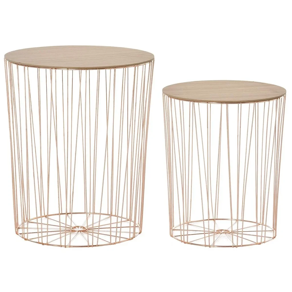Beistelltisch mit Stauraum 2er Set Metall Korb mit Holzdeckel Nachttisch Natur+Rosa Gold Ø40,7 x 49,5 cm Ø33,8 x 40,8 c