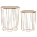 Beistelltisch mit Stauraum 2er Set Metall Korb mit Holzdeckel Nachttisch Natur+Rosa Gold Ø40,7 x 49,5 cm Ø33,8 x 40,8 c