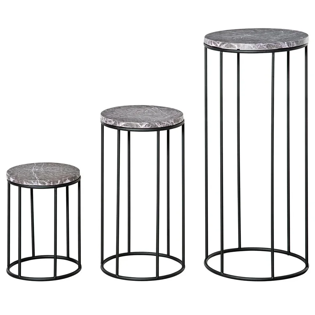 Blumenständer 3er Set aus Metall in Marmoroptik Stapelbar Pflanzenhocker für Blumentopf Schwarz+Grau
