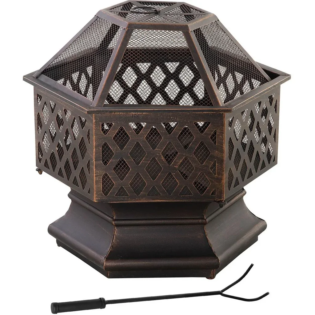 Feuerschale Feuerstelle mit Funkenschutz & Grillrost Feuerkorb Outdoor für Heizung BBQ Garten Terrase vintage Metall Bro