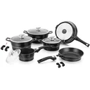 15 Stück Marmorbeschichtungspfannen - mit abnehmbaren Griffen - mit Grillpfanne - Schwarz