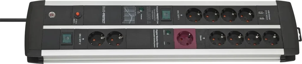 Steckdosenleiste Premium-Protect-Line Duo 11-fach, Überspannungsschutz 120.000A, USB 3.1A, 3m Kabel