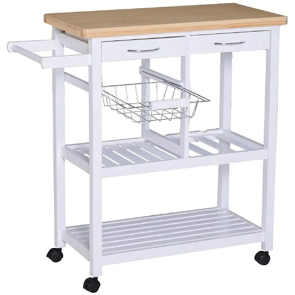 Servierwagen Küchenwagen Küchenrollwagen mit Rollen Korb Schubladen aus Holz weiß