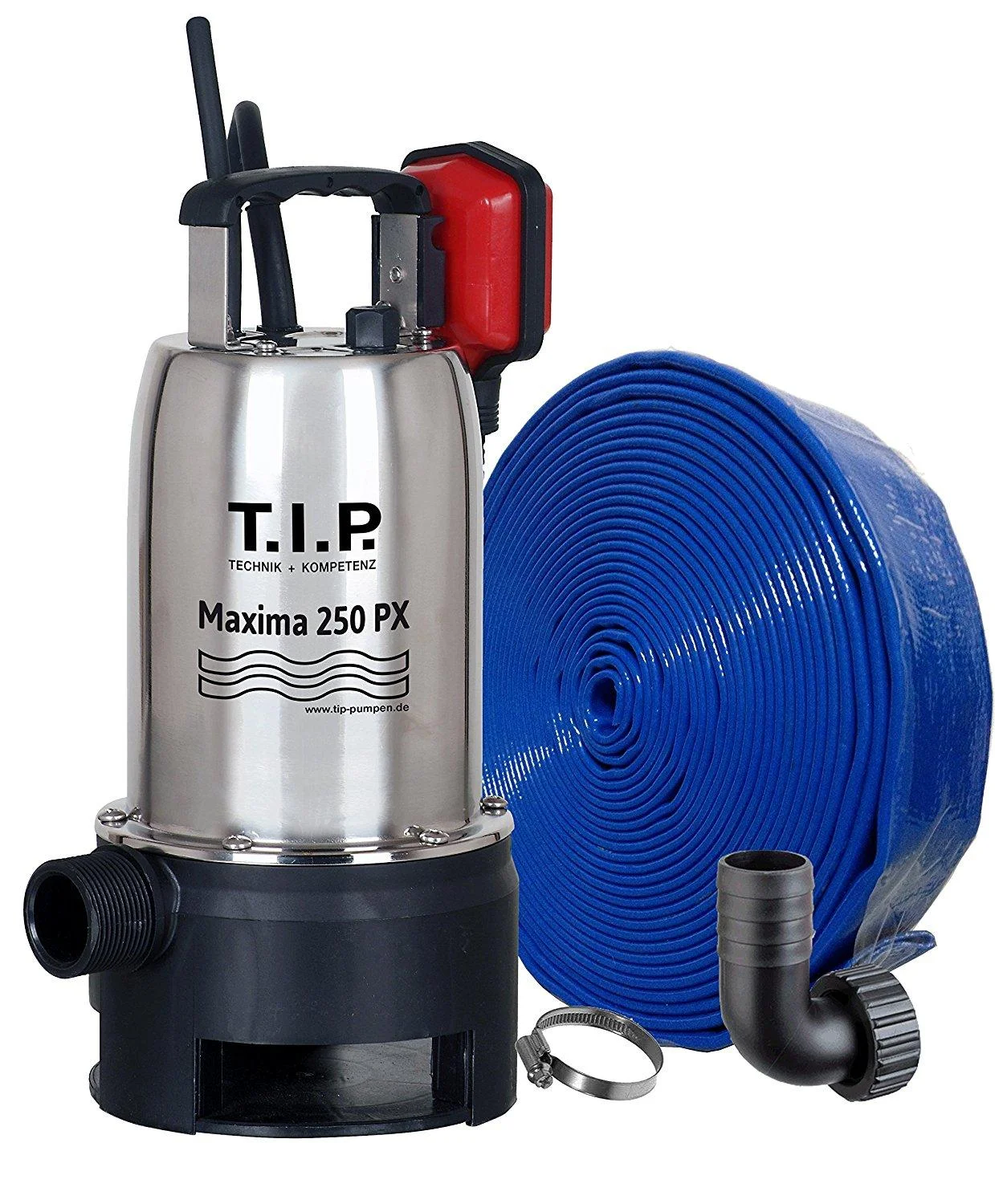 Schmutzwasser Tauchpumpe Edelstahl Maxima 250 PX mit 10 m Ablaufschlauch 32 mm, bis 14.500 l/h Fördermenge