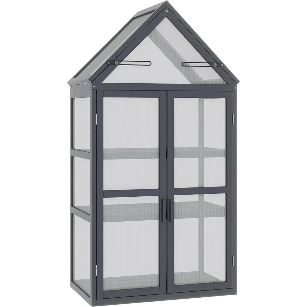 Gewächshaus mit 3 Etagen, Massivholz, Polycarbonatgehäuse, grau, 70,5 x 42 x 132 cm